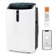 14000 BTU smart portable AC in white with remote control, featuring cooling, dehumidifying, and fan functions for versatile use.