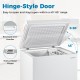 Hinge-style door of the 141 L compact chest freezer, featuring recessed handles and robust metal hinges for easy access.