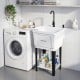 Freestanding 14.5 Gal utility sink with rotating faucet and adjustable legs, ideal for laundry and cleanup tasks.