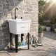 Freestanding 14.5 Gal utility sink with rotating faucet, adjustable legs, and bottom storage rack for outdoor cleanup.