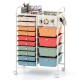 14-drawer rolling storage cart with metal tabletop and pegboard, featuring colorful drawers for versatile organization.