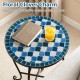 Blue 14" Floral Clover mosaic accent coffee table with a robust metal frame, perfect for outdoor or indoor use.