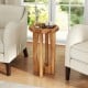 14-inch farmhouse end table with round tray top, solid mahogany wood, and cross legs, perfect for living room use.