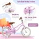14-inch purple kid's bike with removable training wheels, dual brake system, and storage basket for safe riding.