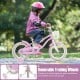14-inch purple kid's bike with removable training wheels, adjustable seat, and storage basket for beginner cyclists.