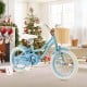 14-inch blue kids bike with training wheels, adjustable seat, and front basket for dolls and snacks, perfect for fun.