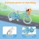 14-inch blue kids bike with training wheels, adjustable seat, hand brake, and front basket for dolls and snacks.