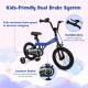 14-inch navy kids bike with removable training wheels, featuring handbrakes, coaster brake, and enclosed chain guard.
