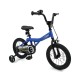 14-inch navy kids bike with removable training wheels, adjustable seat, handbrakes, and enclosed chain guard for safety.
