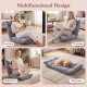 Adjustable cushioned floor chair in light gray, shown in four positions for gaming, working, meditation, and sleeping.