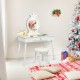 White vanity makeup table and chair set with mirror, featuring a large drawer and soft cushioned stool for kids' rooms.
