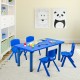 Blue kids' plastic rectangular table with four chairs, ideal for daycares and home use, perfect for play and learning.