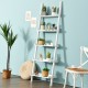 5-tier white ladder shelf display rack for plants and books, featuring a wall-leaning design and sturdy construction.