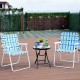 Two blue folding beach chairs with a steel frame and webbing, perfect for camping or lawn gatherings.