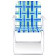 Folding beach chair with blue webbing, solid steel frame, portable design for camping and outdoor activities.