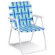 Folding beach chair with blue webbing, reinforced steel frame, portable design for camping and lawn use.