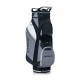 14-way golf cart stand bag in gray and black with waterproof rain hood, featuring multiple zippered pockets and handles.