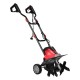 14-inch corded electric tiller with a 10-amp motor, designed for small gardens, featuring ergonomic handles and wheels.