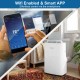 Smart WiFi enabled portable air conditioner with remote control, showcasing user-friendly app interface and sleek white.