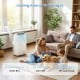 15000 BTU portable air conditioner with app control, cooling up to 750 sq.ft, shown in a living room setting.