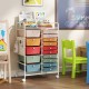 15-drawer rolling storage cart with metal tabletop and pegboard, featuring colorful drawers for versatile organization.