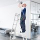 Folding aluminum ladder in use, showcasing its adjustable height and safety features for versatile tasks.