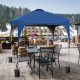 Blue 6.6 x 6.6 FT pop-up canopy tent with adjustable height, ideal for outdoor shade and activities, shown in a patio.