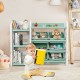Kids toy storage organizer in green with 6 bins and a bookshelf, ideal for keeping playrooms tidy and accessible.