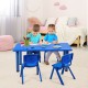 Blue kids plastic rectangular table with two chairs, ideal for play and learning in preschools and home environments.