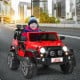 Red 12V 2-seater ride-on car with remote control, featuring storage, LED lights, and spring suspension for smooth.