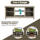 58" gray TV stand with 6 open shelves, removable central shelf for 18" electric fireplace, ideal for living room use.
