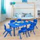 Blue kids plastic rectangular table with six chairs, ideal for daycares and home use, perfect for learning and play.