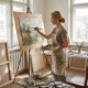 Metal easel stand set in use, showcasing a painting, ideal for art exhibits and presentations with sturdy support.