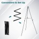 Black metal easel stand set showing its collapsible design and adjustable height features for easy transport and.
