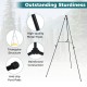 Black metal easel stand with triangular structure and anti-slip foot pads, ideal for art exhibits and presentations.