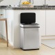 16-gallon silver trash can with infrared motion sensor, dual compartments, and soft closing lid for convenient waste.