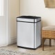 Side view of a 16-gallon silver trash can with dual compartments and touchless infrared sensor for modern waste.