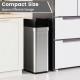 Compact 16-gallon silver trash can with wing lids, designed for space efficiency in kitchens and bathrooms.