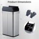 16-gallon silver trash can with wing lids, dimensions 30"x16"x10.5", designed for kitchens and bathrooms.