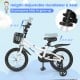 16-inch kids bike in white with height-adjustable seat, removable training wheels, and storage basket for toys.