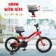 16-inch kids bike with adjustable seat, carbon steel frame, LED lights, and training wheels for ages 4-7.