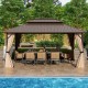 16 x 12 FT hardtop gazebo with a coffee color, featuring a double roof design and mesh netting for outdoor patio use.