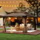 Hardtop gazebo with waterproof metal roof and mesh curtains, ideal for outdoor patio gatherings and protection from.