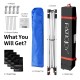 Pop up height adjustable canopy tent with blue canopy top, roller bag, ground stakes, and weight bags for outdoor use.