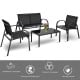 4-piece black patio furniture set featuring a loveseat, 2 single sofas, and a glass top tea table for outdoor comfort.