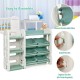 Kids toy storage organizer with green bins and multi-layer shelf, perfect for keeping playrooms tidy and accessible.