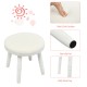 Round white makeup stool with thick cushion and solid wood legs, featuring non-slip pads for stability and safety.