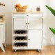 Kitchen cart with rubber wood top, featuring 3-tier wine racks and 2 cabinets for versatile storage and organization.