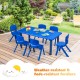 Blue kids plastic rectangular learn and play table with six chairs, weather-resistant for indoor and outdoor use.