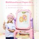 Height adjustable pink kids art easel with magnetic whiteboard and chalkboard, featuring a multifunctional paper clip.